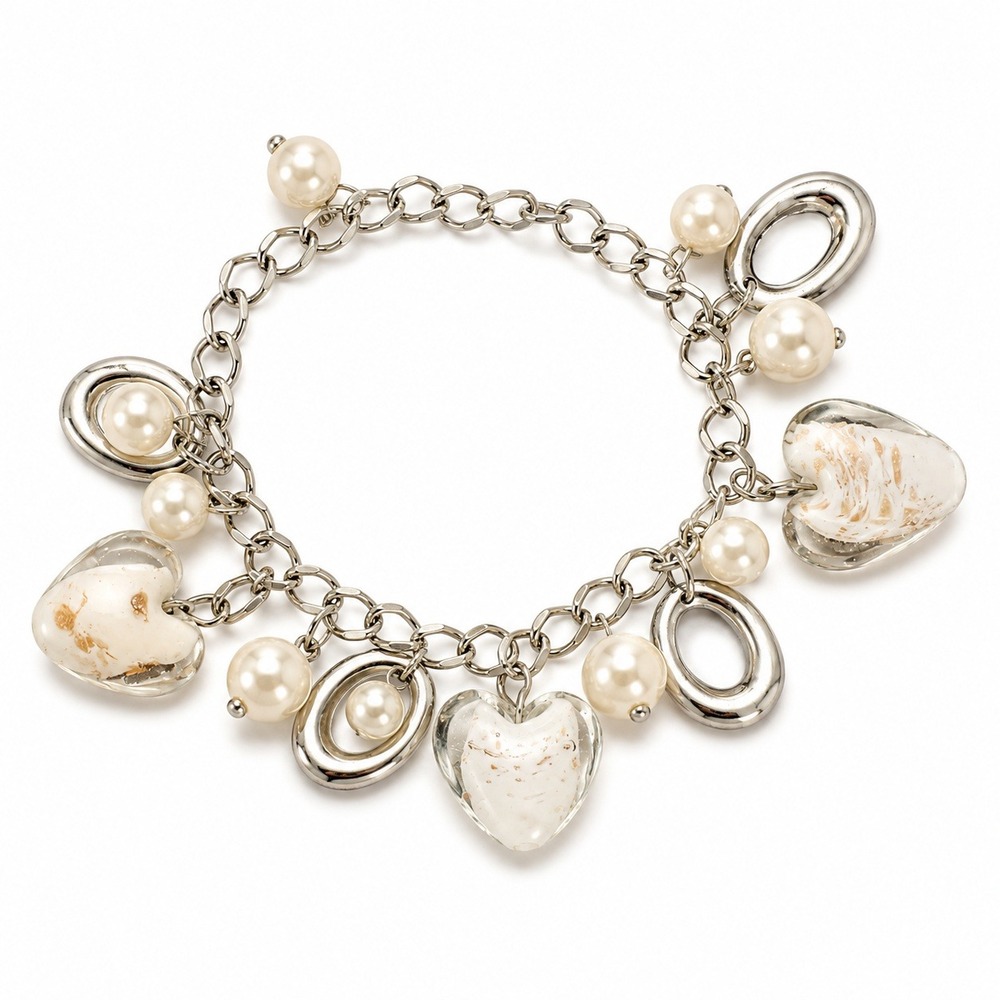 New Silver-Tone Heart Charm & Faux Pearl Chain Bracelet